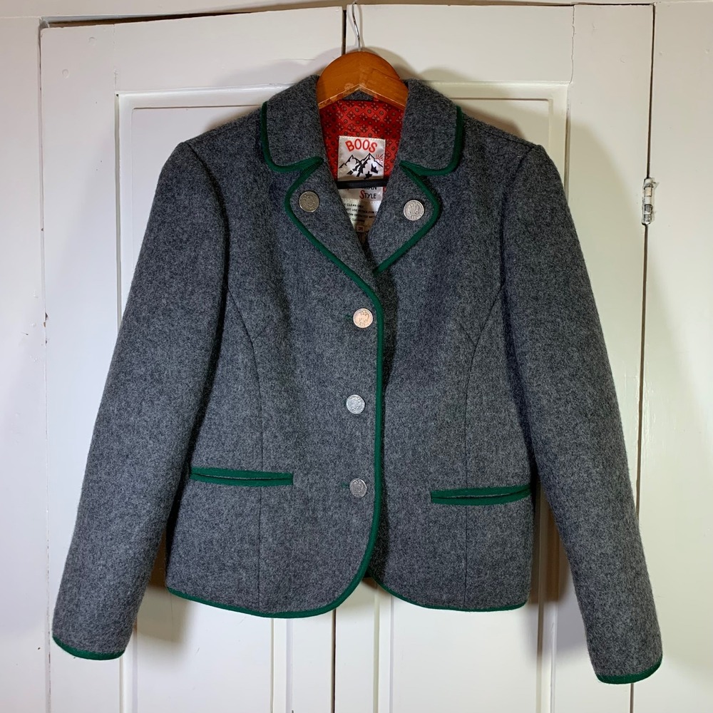 BOOS Austrian Style‎ Wool Blazer Jacket Gray Green Trim Coin Buttons Women Sz 36